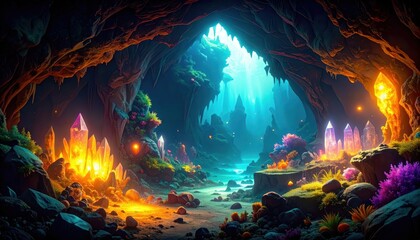 Underwater Cave with Glowing Crystals and Hidden Treasures