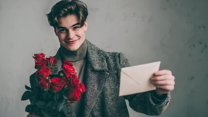 Person holding bouquet of red roses in hand and letter, heartfelt message. Romantic date vibe. Flowers gift. Love, affection, special moments. Romance, 14 February celebration, valentines day.