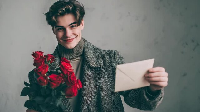 Person holding bouquet of red roses in hand and letter, heartfelt message. Romantic date vibe. Flowers gift. Love, affection, special moments. Romance, 14 February celebration, valentines day.