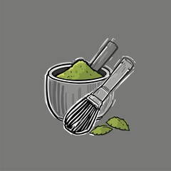 Matcha Powder, Whisk, and Leaves: Hand-Drawn Illustration