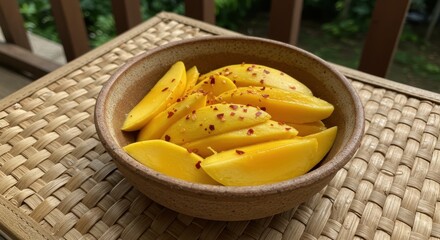 Sliced Mango with Chili Flakes in Rustic Bowl on Natural Surface Surrounded by Greenery in Soft Natural Light