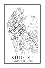 Hand drawn printable downtown road map poster of borough SÜDOST of the German city of MÜNSTER on solid white background with city name