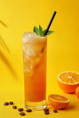 Espresso coffee with orange juice (bumble) in a tall glass with ice and mint on a yellow background with coffee beans, shadows and citrus fruits. Trendy summer Asian refreshing drink. No text