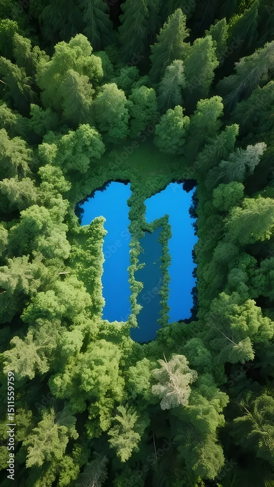 Poster 緑豊かな森林に囲まれた青い湖面に浮かび上がる数字11 自然の造形美と調和した風景