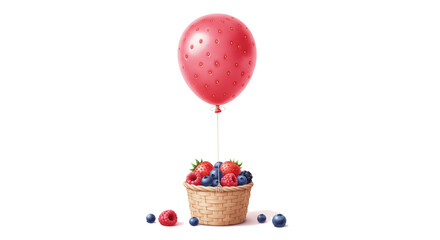 Red balloon above basket filled with fresh berries on white background  