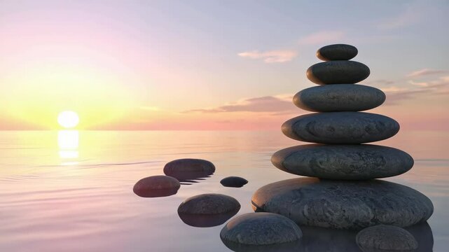 Stacked stones form zen cairn on tranquil water at sunrise, promoting balance and harmony with vibrant colors in the serene sky above.