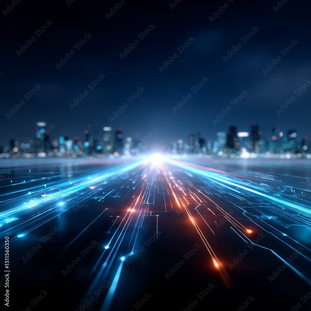 Aufkleber Cityscape with Digital Data Streams: A Glimpse into the Future of High-Speed Technology and Connection