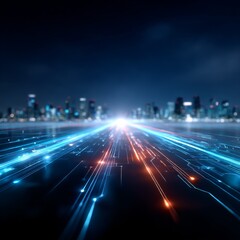 Obraz premium Cityscape with Digital Data Streams: A Glimpse into the Future of High-Speed Technology and Connection