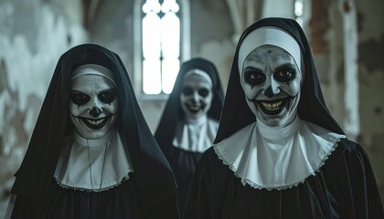 Sinister Nuns with Creepy Smiles Inside an Abandoned Convent