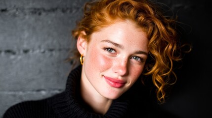 Fototapeta premium Close-up portrait of a young woman with curly red hair and blue eyes smiling warmly
