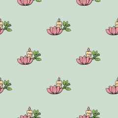 Candle, lotus flower and bamboo branches. SPA procedures. Vector seamless pattern. Bright illustration for background, print, wrapping paper. Repeating pattern on green background