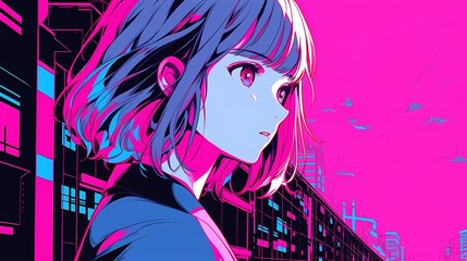 Anime girl portrait, pink eyes, pink cityscape, neon lights, contemplative expression.