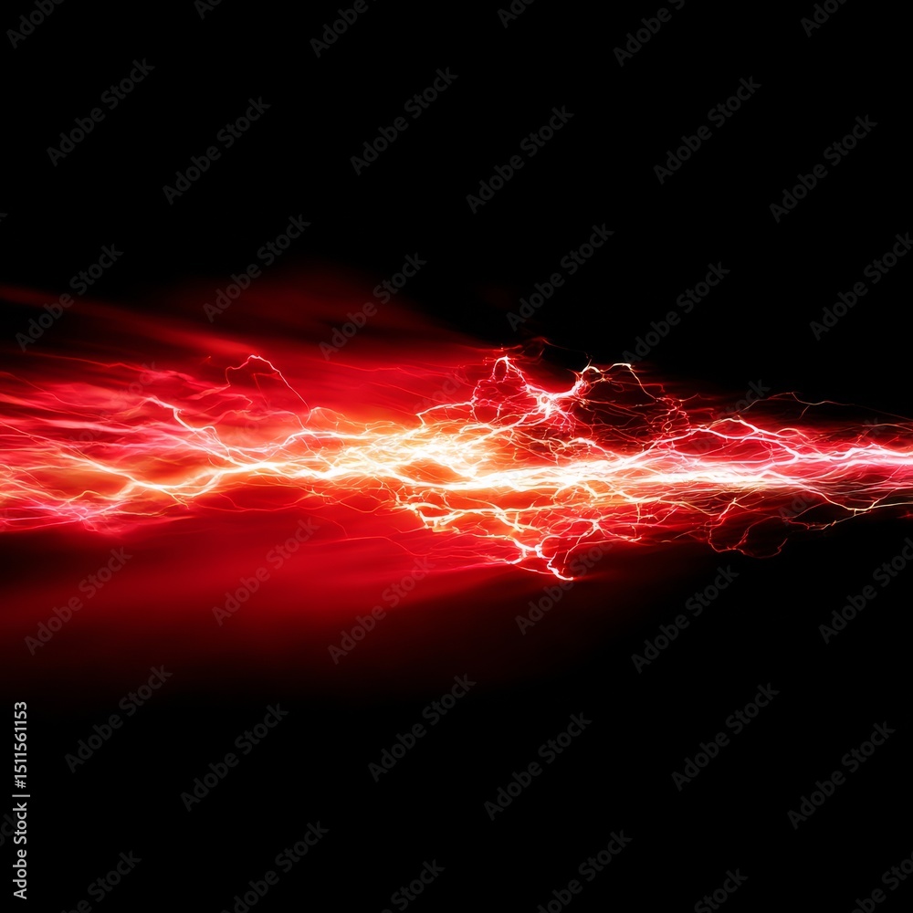 Poster intense red lightning bolt streaking horizontally across a dark background, energy and power visuali