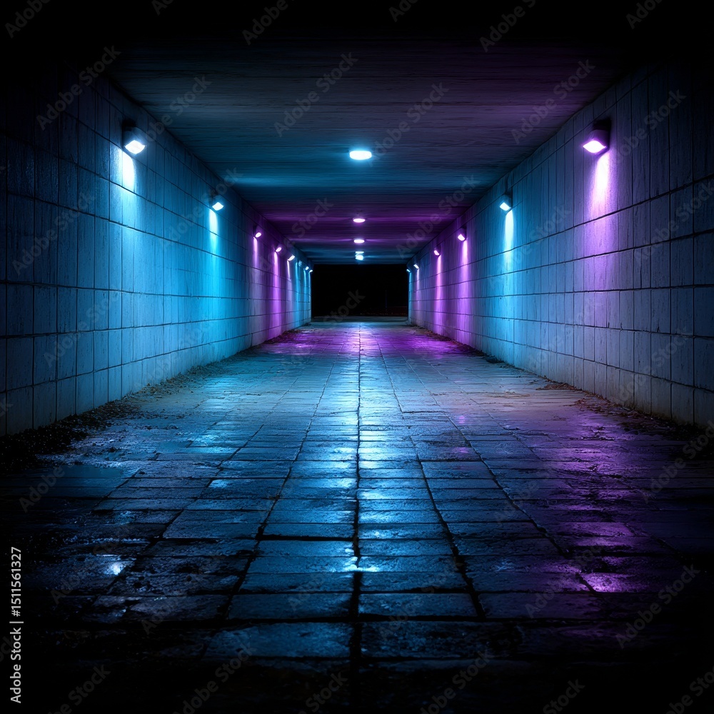 Aufkleber Neon-Lit Urban Tunnel: A Perspective View with Symmetrical Lighting and Reflections on Wet Cobblestones Creating a Mysterious Atmosphere