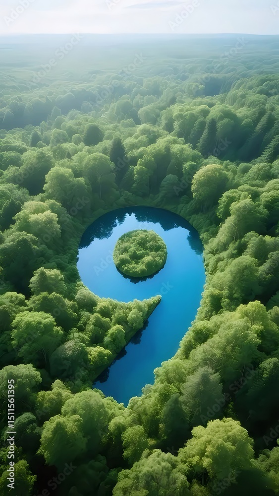 Poster 空中視点から見た数字9の形をした青い湖と緑豊かな森の風景 自然の美しさと幾何学的なパターン