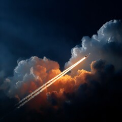 Fototapeta premium Rocket Ascent: A space shuttle soars through a dramatic sky ablaze with fiery contrails amid swirling, colorful clouds.