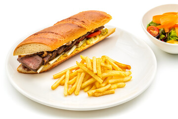Grilled steak sandwich with french fries on a white porcelain plate