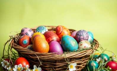 A vibrant tapestry of Easter joy, where colorful eggs, adorned with intricate patterns, spill from a rustic woven basket against a backdrop of pastel green, evoking a sense of springtime celebration a