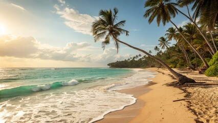 Sunset Beach Landscape Palm Tree Composition, Turquoise Waves, Golden Sand, Tropical Paradise. tropical beach, paradise