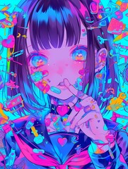 Fototapeta premium Anime illustration portrait; young girl; blue eyes; colorful decorations; vibrant neon lit scene