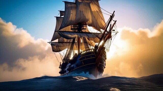 Majestic tall ship sailing across wavy sea at sunset, evoking a sense of adventure and exploration under a sky filled with dramatic clouds.
