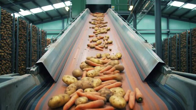 Potatoes and Carrots Moving on Conveyor Belt in Warehouse with Green Metal Frames in Eye Level Perspective for Agricultural Production and Automated Food Processing
