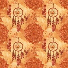 Rustic Bohemian Seamless Pattern &mdash; Artistic Summer Motifs in Warm Earthy Palette and Watercolor Style