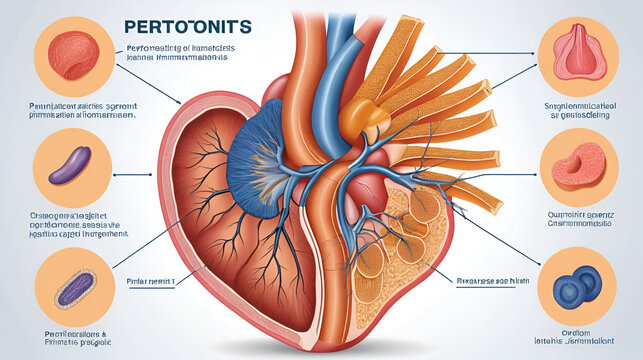 An anatomical diagram depicts peritonitis, emphasizing its inflammation, symptoms, and treatment strategies in a clear and informative manner.