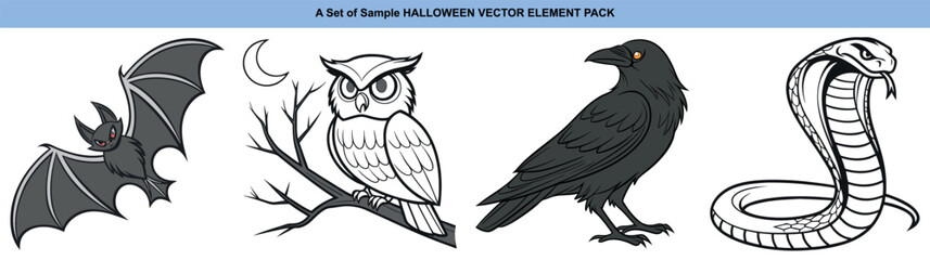 Fototapeta premium Illustration shows a bat, owl, raven, and cobra on a white background