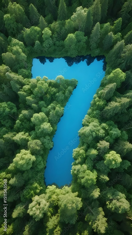 Aufkleber 航空写真の青い水面と緑豊かな森が数字7を形成 自然の風景とコントラストのある形状