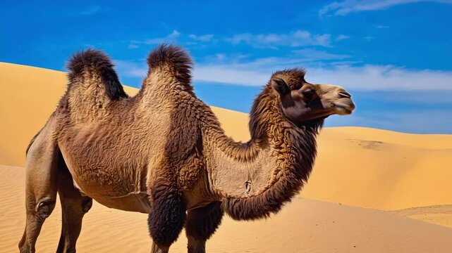A camel standing on the sand , desert and blue sky view , 4K video.