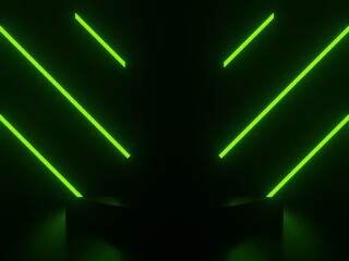 3D black geometric background with green neon lights
