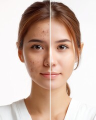 Before And After Portrait Of Young Woman With Clear Skin And Acne Treatment