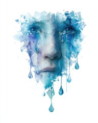 Blue Watercolor Portrait of a Crying Face