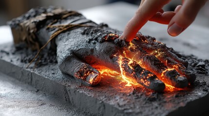 Burning Hand Sculpture: Close Up of Embers and Ash