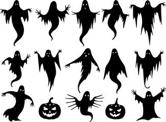 Naklejka premium Happy Halloween set of Spooky Halloween Ghost Illustrations