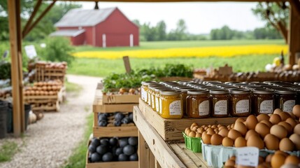 Rustic Farm Stand with Eggs and Homemade Jams