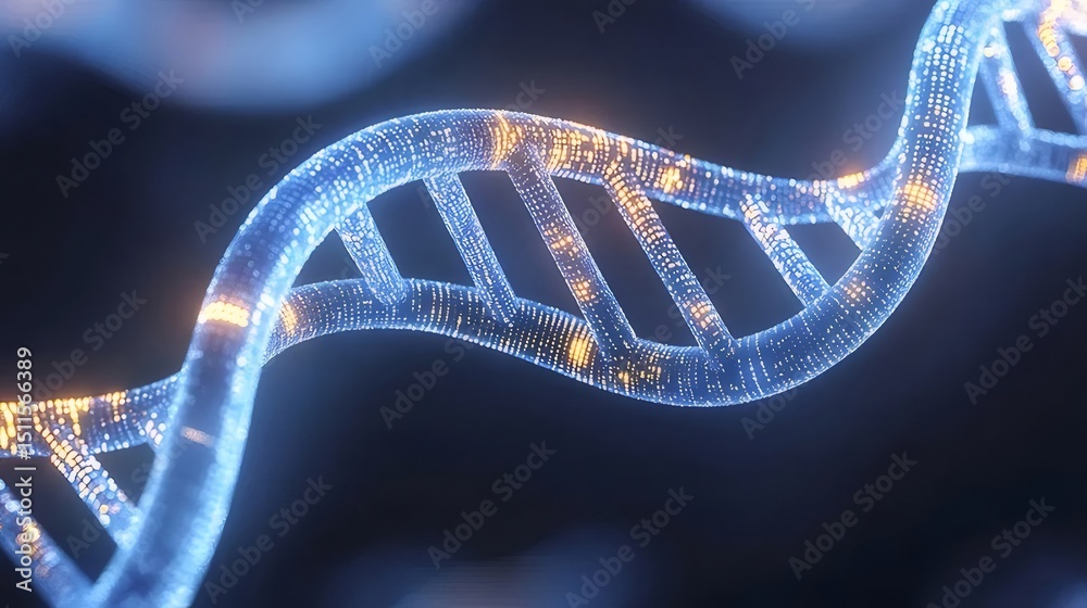 Aufkleber 青色発光dna螺旋構造のクローズアップ 暗い背景に未来的な科学技術イメージ