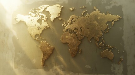 Golden world map on aged wall, sunbeams