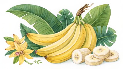 Watercolor Banana Bunch with Tropical Leaves and Flower, Illustration, Botanical Art, Fruit, Banana, Tropical Tropical, Watercolor