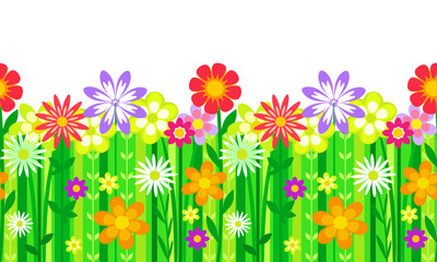 Colorful floral seamless bottom border with meadow flowers and grass vector illustration