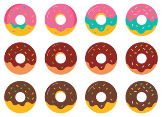 Set of colorful cartoon donut vector icon set isolated on white background. Collection of cute doughnuts in different style. Sweet donuts in flat design. Vector illustration.