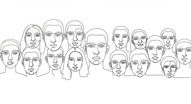 Abstract Human Faces of Various Ethnicities Blended into One Continuous Line Art