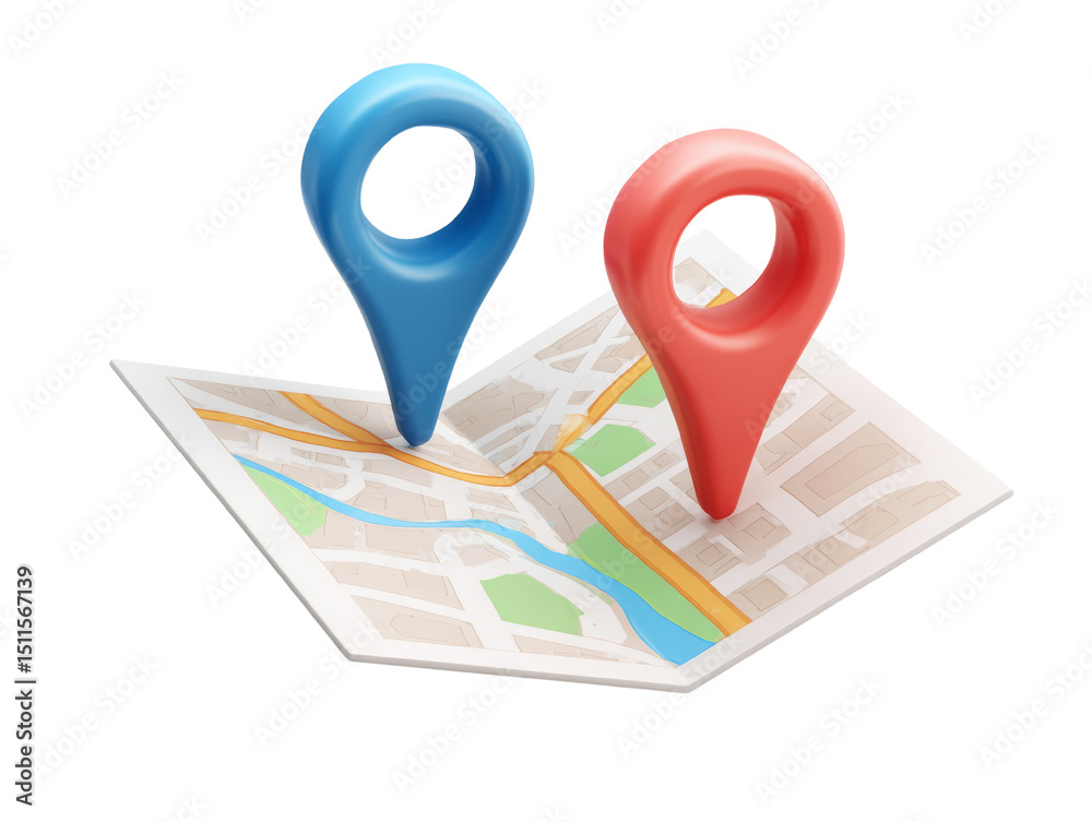 Aufkleber conceptual depiction: two location markers on city map for navigation concepts