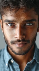 Obraz premium Close-Up Portrait of a Young Man with Blue Eyes and Dark Hair