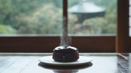 A warm brown cup of black coffee on a sweet wooden table