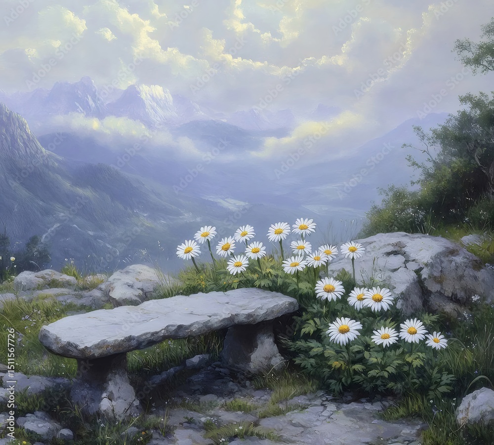 Aufkleber 石造りのベンチとデイジーの花が咲く山の風景 穏やかな光と雲に覆われた背景