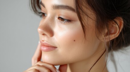 Close Up Portrait of a Young Woman with Glitter Makeup and Soft Lighting