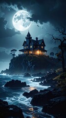Dark and Stormy Night on a Deserted Island with Creepy Building