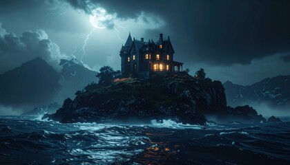 Dark Stormy Night on a Deserted Island with Eerie Haunted House